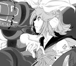  arm_tattoo asunogear bare_arms bare_shoulders bow cable greyscale hair_bow hair_ornament hairclip headphones headset highres kagamine_rin kagamine_rin_(vocaloid4) looking_away looking_up monochrome profile sailor_collar short_hair solo speaker tattoo v4x vocaloid wire 