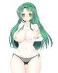  black_panties breasts cecilia_(fire_emblem) cowboy_shot elbow_gloves fire_emblem fire_emblem:_fuuin_no_tsurugi gloves green_eyes green_hair groin hand_to_own_mouth heart heart-shaped_pupils highres large_breasts long_hair miyako_(mongcocoa) navel nipples panties self_fondle side-tie_panties simple_background single_glove solo suggestive_fluid symbol-shaped_pupils topless underwear white_background white_gloves wide_hips 