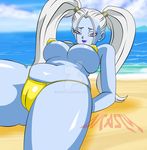  1girl beach blue_skin breasts dicasty dragon_ball dragon_ball_super female large_breasts marcarita_(dragon_ball) swimsuit tagmemore 