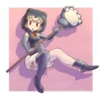  1girl :p bear_paw_hammer black_footwear black_gloves black_hair black_legwear black_shirt brown_eyes brown_hair collared_shirt commentary elbow_gloves eyebrows_visible_through_hair full_body gloves highres kemono_friends looking_at_viewer loose_thighhigh medium_hair multicolored_hair neck_ribbon okome_kogashi orange_neckwear pink_background puffy_shorts ribbon shirt shoes shorts simple_background sleeveless sleeveless_shirt smile solo sun_bear_(kemono_friends) thighhighs tongue tongue_out white_shorts wing_collar 