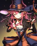  asymmetrical_horns blue_eyes blush chibirisu dress earrings elizabeth_bathory_(fate) elizabeth_bathory_(fate)_(all) elizabeth_bathory_(halloween)_(fate) eyebrows_visible_through_hair fangs fate/grand_order fate_(series) fingernails gradient gradient_background halloween halloween_costume hat highres holding holding_spear holding_weapon horns jewelry long_fingernails long_hair looking_at_viewer multicolored multicolored_clothes multicolored_dress one_eye_closed pink_hair pointy_ears polearm pumpkin solo spear star trident weapon wings witch_hat 