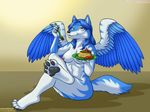  2016 anthro blue_fur blue_hair breasts cake canine feathered_wings feathers female food fork fur hair mammal nipples nude solo tala_(suntattoowolf) vkyrie white_fur wings wolf 