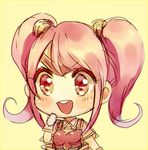  :d breastplate chibi chromatic_aberration circlet fire_emblem fire_emblem_echoes:_mou_hitori_no_eiyuuou gloves hand_to_own_mouth highres kash-phia long_hair mae_(fire_emblem) open_mouth pink_eyes pink_hair round_teeth simple_background smile solo teeth twintails upper_body yellow_background 