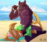  anthro beach big_bulge board_shorts bulge butt butt_grab canine clothed clothing duo fish hand_on_butt male male/male mammal marine muscular nipples outside seaside shark smile sunscreen the_search_for_lost_wings topless 