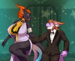  anthro big_breasts breasts clothed clothing curvaceous dragon duo female girly horn kittydee makeup male nipple_bulge smile standing 