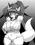  anthro big_breasts bikini blush breasts canine clothing female fox greyscale hat huge_breasts kyuuri looking_at_viewer mammal monochrome overweight smile solo standing swimsuit 