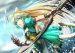  animal_ears arrow atalanta_(fate) blonde_hair bow_(weapon) cat_ears cat_tail fate/apocrypha fate_(series) green_eyes green_hair grimjin long_hair multicolored_hair open_mouth solo tail thighhighs two-tone_hair very_long_hair weapon 