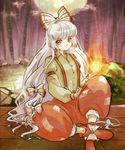  bamboo bamboo_forest bow burning_hand closed_mouth collared_shirt crossed_legs expressionless fire forest fujiwara_no_mokou full_moon hair_bow ji_(jioooooong) knee_up long_hair moon nature night night_sky pants red_eyes shirt shoes sitting sky solo suspenders touhou white_hair 