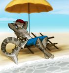  anthro beach chair clothed clothing fish hair hands_behind_head kittydee male marine nipple_piercing nipples outside piercing seaside shark sitting smile solo topless umbrella zale_the_shark 