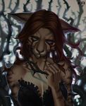  anthro blood breasts clothed clothing feline female fur hair mammal mikinyaro no_pupils solo tears 