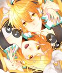  1girl bad_id bad_pixiv_id bangs blonde_hair bow eighth_note eyelashes hair_bow hair_ornament hairclip headphones heart highres holding_hands kagamine_len kagamine_rin looking_at_viewer musical_note nail_polish open_mouth outline pale_skin short_hair smile sparkle speech_bubble spoken_musical_note vocaloid w@i yellow_eyes yellow_nails 