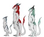  2016 ambiguous_gender anthro aten_(ratte) blue_eyes cyavian fangs fur green_eyes green_scales green_stripes grey_fur group horn model_sheet nude purple_eyes ratte red_scales red_stripes sagis scales simple_background stripes ushuaia white_background 