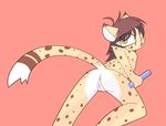  2016 anthro anus brown_hair butt cheetah clothed clothing feline female fur green_eyes hair looking_back mammal nude open_mouth pink_background pussy rear_view simple_background skimpy solo yellow_fur yukihyo_(artist) 