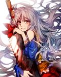  bare_shoulders blood detached_sleeves dress hatchet highres long_hair looking_at_viewer multicolored multicolored_clothes multicolored_dress orange_dress oriental_hatchet red_dress red_eyes red_ribbon ribbon sakata_nemuno silver_hair simple_background smile solo sword touhou very_long_hair wavy_hair weapon white_background yellow_dress yudaoshan 