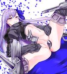  ao_(time-leap) armor armored_boots blue_eyes blue_ribbon blush boots crotch_plate fate/extra fate/extra_ccc fate_(series) hair_ribbon long_hair looking_at_viewer meltlilith naughty_face navel petals purple_hair revealing_clothes ribbon smile solo spread_legs thighhighs very_long_hair 