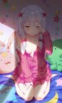  bare_shoulders barefoot blue_eyes blush bow breasts buttons collarbone crescent_print day eromanga_sensei frilled_sleeves frills hair_bow highres indoors izumi_sagiri knees_together_feet_apart light_frown long_hair long_sleeves looking_at_viewer low-tied_long_hair off_shoulder open_clothes open_pajamas pajamas pocket red_bow silver_hair sitting small_breasts solo star star_print stuffed_animal stuffed_octopus stuffed_toy stylus sunlight tears waking_up wariza wiping_face wiping_tears yijian_ma 