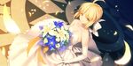  ahoge artoria_pendragon_(all) bare_shoulders blonde_hair blurry bouquet bow braid breasts choker cleavage depth_of_field dress dutch_angle elbow_gloves eyebrows_visible_through_hair fate/stay_night fate_(series) flower french_braid gloves green_eyes hair_bow highres petals saber short_hair small_breasts smile solo wedding_dress white_gloves yangsion 