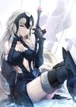  ass bare_shoulders black_gloves black_legwear breasts cleavage elbow_gloves fate_(series) gauntlets gloves greaves helmet jeanne_d'arc_(alter)_(fate) jeanne_d'arc_(fate)_(all) limeblock long_hair looking_at_viewer medium_breasts sitting thighhighs very_long_hair white_hair yellow_eyes 