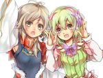  :d :o antennae arms_up bow breasts detached_sleeves dress green_hair hair_between_eyes hair_ornament hair_ribbon kohaku_(rune_factory) long_sleeves multiple_girls open_mouth ribbon rune_factory rune_factory_4 side_ponytail silver_hair small_breasts smile xiao_pai yudaoshan 