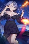  absurdly_long_hair blue_eyes blue_hair breasts carchet detached_sleeves hair_tucking highres japanese_clothes kimono lantern large_breasts long_hair looking_at_viewer night night_sky obi original outdoors paper_lantern sash sky solo very_long_hair 