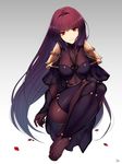  armor bodysuit breasts closed_mouth commentary_request covered_navel eyebrows_visible_through_hair fate/grand_order fate_(series) full_body gradient gradient_background highres legs long_hair looking_at_viewer medium_breasts pauldrons petals purple_bodysuit purple_hair red_eyes scathach_(fate)_(all) scathach_(fate/grand_order) shiny shiny_clothes shoulder_armor smile solo straight_hair toes tsurime veil very_long_hair yukibi_(ykb) 