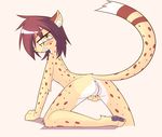  2016 anthro anus blush brown_hair butt cheetah feline female fur green_eyes hair hi_res looking_at_viewer mammal pawpads paws pussy simple_background solo teeth white_background yellow_fur yukihyo_(artist) 