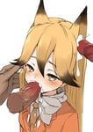  animal_ears black_hair blazer blonde_hair blush brown_eyes commentary_request cum cum_in_ear cum_in_mouth disembodied_limb disembodied_penis earjob erection eyebrows_visible_through_hair ezo_red_fox_(kemono_friends) fellatio fox_ears gradient_hair hair_between_eyes hair_flaps half-closed_eyes hetero highres jacket kemono_friends long_hair multicolored_hair muranisaki necktie oral out_of_frame penis simple_background solo_focus two-tone_hair upper_body white_background yellow_neckwear 