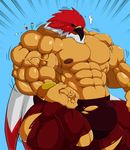  avian bird breasts bulge clothed clothing growth male metaball muscular muscular_male nipples pecs simple_background solo tizoc wings 
