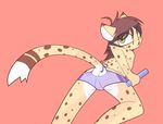  2016 anthro brown_hair butt cheetah clothed clothing feline female fur green_eyes hair looking_back mammal open_mouth panties pink_background pussy rear_view simple_background skimpy solo topless transparent_panties underwear yellow_fur yukihyo_(artist) 
