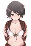  bikini bikini_under_clothes black_hair blush breasts cleavage front-tie_bikini front-tie_top green_eyes kantai_collection looking_at_viewer medium_breasts mogami_(kantai_collection) navel open_clothes open_shirt pants_pull shirt short_hair side-tie_bikini simple_background solo swimsuit white_background white_bikini yumesato_makura 