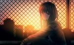  bangs black_eyes black_hair blurry chain-link_fence closed_mouth commentary_request depth_of_field expressionless fence from_side hood hoodie long_hair looking_at_viewer original outdoors ryokucha_manma sitting solo sunset 
