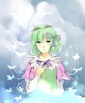  bow bug butterfly butterfly_wings cloud crying dress frown green_hair hair_ornament hair_ribbon highres insect kohaku_(rune_factory) long_sleeves lurs md5_mismatch open_mouth ribbon rune_factory rune_factory_4 shirt short_hair wings 