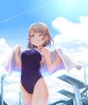  blue_eyes blue_sky blue_swimsuit breasts brown_hair cameltoe cloud cloudy_sky competition_swimsuit covered_navel day diving_platform grin groin highres holding holding_towel kanabun light_brown_hair looking_at_viewer love_live! love_live!_sunshine!! medium_breasts one-piece_swimsuit one_eye_closed outdoors pool short_hair sky smile solo swimsuit teeth thighs towel watanabe_you wet 