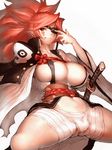  baiken big_hair breasts cleavage eyepatch fumio_(rsqkr) goggles guilty_gear guilty_gear_xrd katana large_breasts long_hair looking_at_viewer red_eyes red_hair scar sheath sheathed simple_background smile solo spread_legs sword thick_thighs thighs weapon white_background 