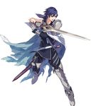  armor bangs belt blue_eyes blue_hair cape ebira falchion_(fire_emblem) fire_emblem fire_emblem:_kakusei fire_emblem_heroes full_body gloves highres holding holding_weapon krom male_focus official_art pants sheath short_hair shoulder_armor sleeveless sword transparent_background weapon 