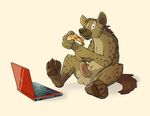  anthro balls computer eating food hyena laptop looking_at_viewer male mammal nude paintfox penis pizza simple_background 