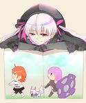  3girls ahoge armor book boots breasts brown_eyes elbow_gloves fate/extra fate/grand_order fate_(series) fou_(fate/grand_order) frills fujimaru_ritsuka_(female) gloves grey_hair hat long_hair multiple_girls navel nursery_rhyme_(fate/extra) open_mouth orange_hair pantyhose pink_eyes purple_eyes purple_hair shield shielder_(fate/grand_order) short_hair side_ponytail skirt smile 