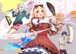  2girls :d black_hair blonde_hair bloomers blue_eyes book_stack bow brown_eyes dress eromanga_sensei frilled_dress frills green_jacket hair_bow hairband izumi_masamune izumi_sagiri jacket long_hair looking_at_viewer majiang multiple_girls necktie open_mouth pajamas pink_bow pink_dress pointy_ears quill sash silver_hair slippers smile stylus sweater_vest tablet underwear wavy_hair yamada_elf 