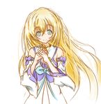  1girl bare_shoulders blonde_hair blue_eyes blush collet_brunel detached_sleeves dress jewelry long_hair ribbon smile tales_of_(series) tales_of_asteria tales_of_symphonia 