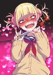  :d bangs blonde_hair blunt_bangs blush boku_no_hero_academia bow bowtie cardigan double_bun fangs heart heart_background highres knife long_sleeves looking_at_viewer minatasiro open_mouth red_bow school_uniform serafuku sleeves_past_wrists smile solo toga_himiko twintails v yandere_trance yellow_eyes 
