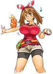  bike_shorts blue_eyes blush breasts brown_hair gen_3_pokemon haruka_(pokemon) large_breasts looking_at_viewer musical_note poke_ball poke_ball_(generic) pokemon pokemon_(creature) pokemon_(game) pokemon_oras pouch quarter_note sachito shorts simple_background smile solo tank_top torchic white_background 