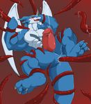 big_muscles big_penis blush bound cum digimon dragon erection exveemon horn humanoid_penis male membranous_wings metaball muscular muscular_male pecs penis simple_background solo tentacles tongue wings 