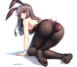 :o all_fours animal_ears aruma_jiki ass back-seamed_legwear bangs bare_arms bare_shoulders blunt_bangs blush breasts brown_hair brown_legwear brown_leotard bunny_ears bunny_girl bunny_tail bunnysuit commentary_request curly_hair eyebrows_visible_through_hair feet foreshortening from_behind full_body hanging_breasts large_breasts leotard long_hair looking_back no_shoes open_mouth original pantyhose red_eyes red_leotard seamed_legwear sideboob simple_background soles solo tail toes twitter_username white_background 