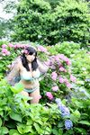  1girl asian bikini black_hair blue_bikini boots breasts chouzuki_maryou female flower hydrangea large_breasts long_hair photo plump raincoat solo swimsuit 