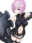  black_legwear black_leotard breasts covered_nipples cowboy_shot elbow_gloves eyebrows_visible_through_hair fate/grand_order fate_(series) gloves highres holding leotard mash_kyrielight medium_breasts midriff navel nyatabe pink_hair purple_eyes purple_gloves shield shiny shiny_skin short_hair simple_background sleeveless smile solo standing thighhighs white_background 