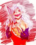  blood blood_on_face bloody_clothes bow cleaver crazy crazy_eyes crazy_smile detached_sleeves dress eyebrows_visible_through_hair fangs highres long_hair miprea open_mouth red_eyes sakata_nemuno saliva single_strap smile solo touhou traditional_media wavy_hair white_hair 