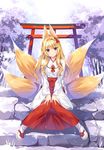  animal_ears bangs bird blonde_hair blush brown_eyes chihaya_(clothing) commentary_request crane_(animal) fox_ears fox_tail full_body hair_intakes hair_ornament hakama japanese_clothes knees_together_feet_apart long_hair long_sleeves looking_at_viewer miko multiple_tails original oryou outdoors sandals sitting sitting_on_stairs smile snowing solo stairs tabi tail torii tree v_arms white_legwear wide_sleeves 