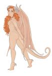  2018 animal_humanoid breasts butt dragon_humanoid ezhaillia female freckles hair horn humanoid membranous_wings nipples nude orange_hair pointy_ears scales simple_background small_breasts solo white_background wings yellow_eyes 