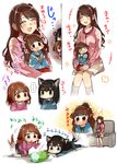  animal_ears black_hair bocha_(gotipoke) brown_eyes brown_hair closed_eyes dog_ears dog_tail green_eyes houjou_karen idolmaster idolmaster_cinderella_girls kamiya_nao kemonomimi_mode long_hair long_sleeves minigirl multiple_girls nyanko_days open_clothes open_mouth pina_korata shibuya_rin shimamura_uzuki short_hair skirt socks tail translation_request triad_primus 