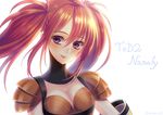  1girl armor breasts cleavage elbow_gloves gloves lips long_hair nanaly_fletch purple_eyes red_hair smile tales_of_(series) tales_of_destiny_2 twintails 